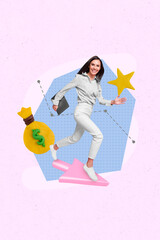 Aufkleber - Vertical collage of young funny business woman running arrow direction money bag high income career result isolated on pink background