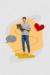 Aufkleber - Picture advert collage new dating app chat young boyfriend matches receive like heart feedback find soulmate isolated on gray background