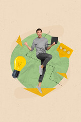 Poster - Vertical collage of young excited freelancer businessman eureka lightbulb idea fist up hold laptop message isolated on beige background