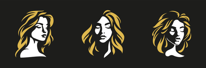 Wall Mural - romantic woman face hair minimalist silhouette art logo for coiffure beauty salon set vector flat