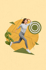 Poster - Creative retro 3d magazine collage image of excited funky lady running target isolated beige color background