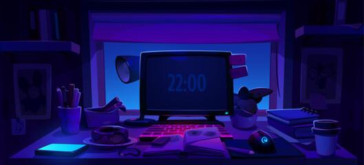 Home office workplace desk near window at night. Table workplace in study room interior design for student. Late dark illustration with desktop and mouse near keyboard. Cartoon education place concept