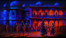 Rajput Fort Palace As Backdrop Celebration In The Evening Dance In Blue City