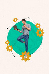 Poster - Vertical collage photo of young manager guy netbook technical support developer speak colleagues conference isolated on grey background