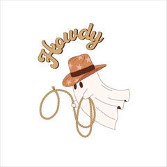 halloween cute cowboy ghost rodeo retro illustration isolated on white. western all saints' day spir