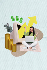 Poster - Creative abstract template graphics collage image of lucky lady winning cash device isolated teal color background