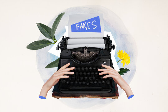 Creative abstract template graphics collage image of arms typewriter writing fakes isolated white color background