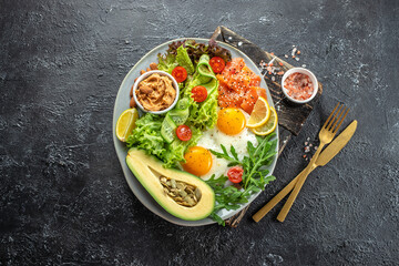 Poster - Healthy eating food vegetables salad, avocado, fish, eggs, nuts peanut paste. low carb keto ketogenic diet