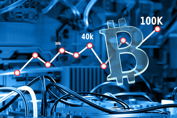Aufkleber - bitcoin mining. bitcoin price growth chart. cryptocurrency logo over wires. equipment for mining bit