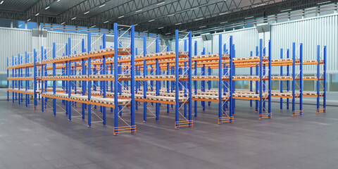 Poster - Empty warehouse. Industrial storage interior. Hangar with empty racks. Shelves with pallets inside building. Empty warehouse panoramic view. Concept of renting warehouse buildings. 3d image