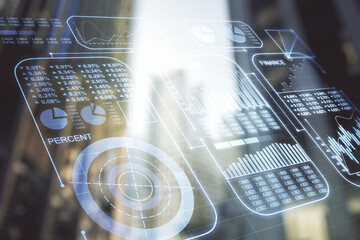 Poster - Double exposure of abstract virtual statistics data hologram on modern skyscrapers background, statistics and analytics concept