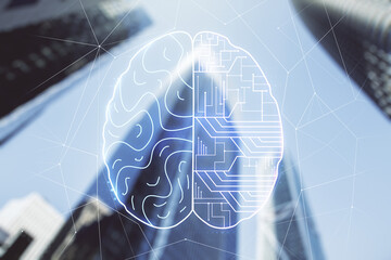 Aufkleber - Double exposure of creative human brain microcircuit hologram on blurry cityscape background. Future technology and AI concept