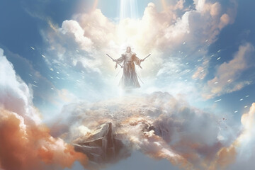 God in heaven, surrounded by clouds and rays of light. The artwork captures the majesty and grandeur of the divine presence, evoking a sense of wonder and reverence. Ai generated