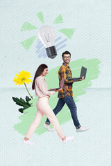 Poster - Vertical photo collage creative design illustration of young man hold laptop communicate with woman decide lamp isolated on blue background