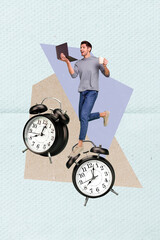 Poster - Creative metaphor collage of specialist man hold netbook drink coffee deadline schedule timer ringing reminders isolated on blue background