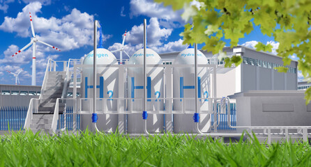 Hydrogen power plant. Industrial tanks with h2 logo. Hydrogen factory under blue sky. Power plant in sunny weather. Innovative energy. Hydrogen eco manufactory. Sustainable energy. 3d image