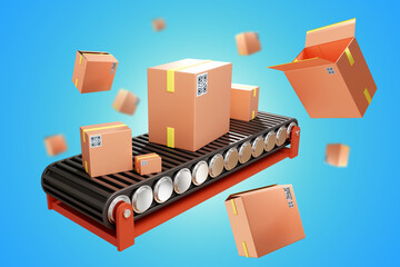 Poster - conveyor with boxes. fulfillment equipment. parcel delivery concept. fast courier delivery. conveyor