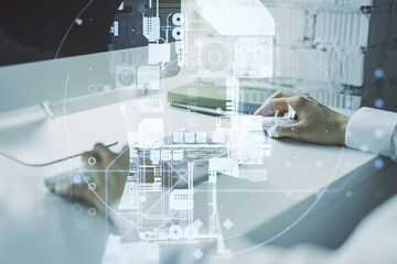Poster - Double exposure of creative artificial Intelligence symbol with hands typing on laptop on background. Neural networks and machine learning concept