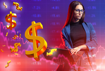 Poster - Businesswoman with laptop. Dollar symbols near woman. Businesswoman makes investments. Graph of falling stock prices. Businesswoman near quotes. Girl trades on stock exchange. Lady makes investments