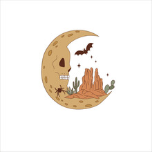 Halloween Cute Scull Crescent With Desert Landscape Retro Illustration Isolated On White. Western All Saints' Day Moon Clip Art. Howdy Cartoon Creepy Half Moon Design Element. 