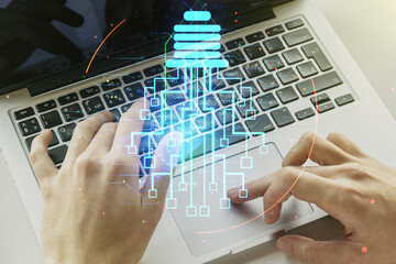 Aufkleber - Creative light bulb illustration with microcircuit and hands typing on computer keyboard on background, future technology concept. Multiexposure