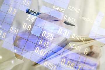 Poster - Double exposure of abstract creative statistics data hologram with man hand writing in notepad on background, analytics and forecasting concept