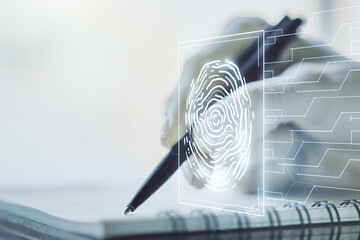 Aufkleber - Double exposure of abstract creative fingerprint hologram with woman hand writing in notepad on background, protection of personal information concept