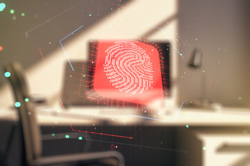 Poster - Multi exposure of abstract creative fingerprint illustration and modern desktop with computer on background, digital access concept