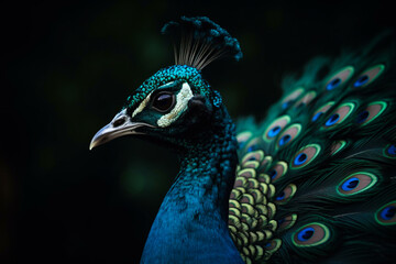 Naklejka na meble A detailed illustration of a peacock's head and its vibrant, colorful feathers in full display. Ai generated