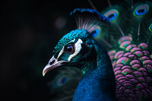 A Detailed Illustration Of A Peacock's Head And Its Vibrant, Colorful Feathers In Full Display. Ai Generated