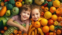 Attractive Smiling Kids Among Many Healthy Fruits And Vegetables, Proper Nutrition Healthy Diet Concept Top View, Anti Aging Lifestyle Of Happy Children Without Eating Disorder, Generative AI