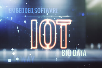 Poster - Double exposure of abstract virtual IOT hologram on modern business center exterior background, research and development concept