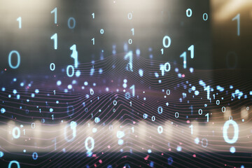 Poster - Abstract virtual binary code hologram on blurry contemporary office building background, AI and machine learning concept. Multiexposure