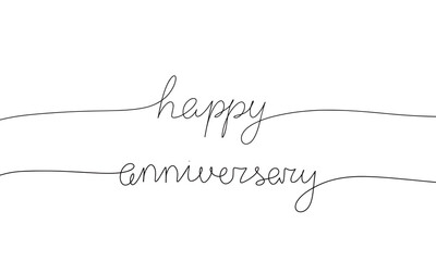 Sticker - One line continuous phrase happy anniversary.  Line art handwriting. Isolated on white background. Vector illustration.
