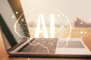 Poster - Double exposure of creative artificial Intelligence symbol with modern laptop on background. Neural networks and machine learning concept