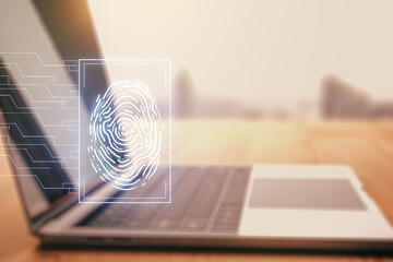 Poster - Multi exposure of abstract graphic fingerprint sketch on modern computer background, fingerprint scan data concept