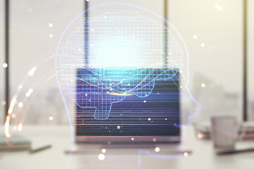 Poster - Double exposure of creative human head microcircuit with computer on background. Future technology and AI concept