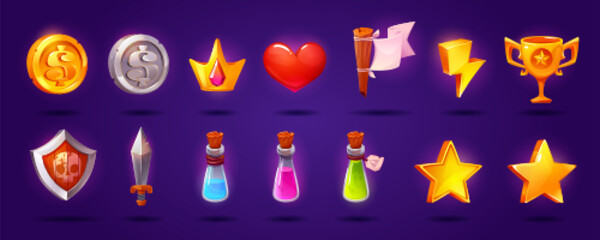 Poster - Ui casino game icon vector crown and coin vector element. Gold and silver trophy dollar money illustration pack. Potion or elixir in bottle isolated fantasy design. Energy and weapon interface symbol