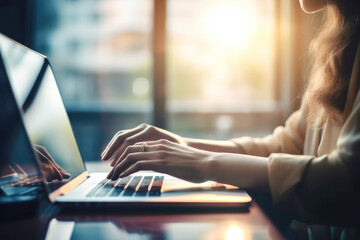 Woman working on laptop on an office, close up of businesswoman. generative AI