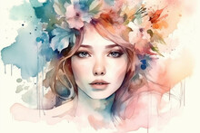 A Watercolor Portrait Of A Beautiful Woman. Delicate Beauty Of A Woman With Flowers In Her Hair Watercolor Aquarella Style. Ai Generated