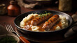 Bangers and Mash - British sausages with mashed potatoes and gravy. Generative AI Art Illustration