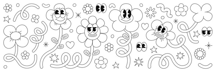 Wall Mural - Retro cartoon flower character sticker pack. Groovy funky comic daisy flower with eyes and abstract cloud shapes in trendy retro cartoon style. Vector illustration with wavy spiral and loop elements.