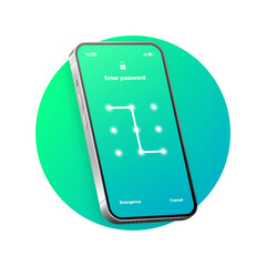 Poster - Screen lock authentication password smartphone template. Phone graphical ID recognition screen lock password display. Phone lock screen. Vector illustration.
