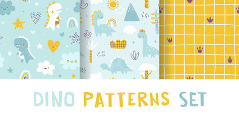 Wall Mural - cute jurassic pattern set with dino. seamless scandinavian vector print collection with abstract din