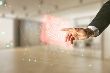 Aufkleber - Double exposure of male hand presses on virtual creative fingerprint hologram on blurred office background, research and development concept