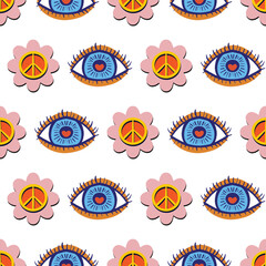 Wall Mural - Retro 70s symbols vector seamless pattern design