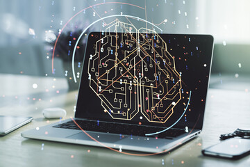 Aufkleber - Creative artificial Intelligence concept with human brain hologram on modern laptop background. Multiexposure