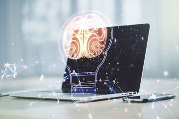 Poster - Creative light bulb illustration with human brain on modern computer background, future technology concept. Multiexposure