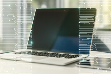 Aufkleber - Creative abstract micro circuit sketch on modern laptop background, future technology and AI concept. Double exposure