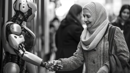 Fototapete - Futuristic robot shakes the hand with old woman. Beautiful illustration picture. Generative AI
